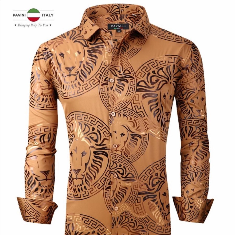 Pavini Mens Shiny Brown Gold Dress Button Up Shirt